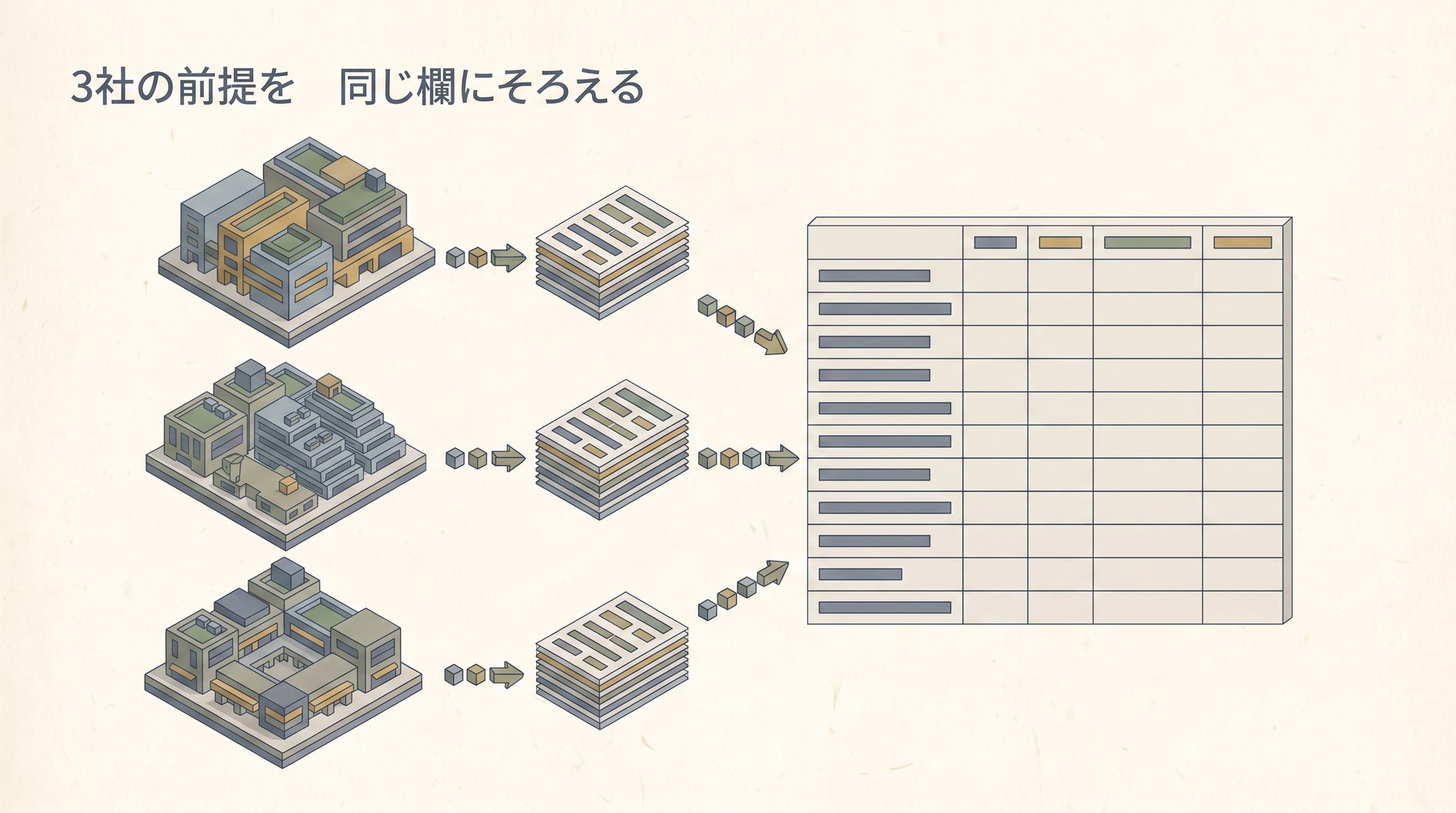 3社の土地活用提案を同じ比較欄にそろえる図解