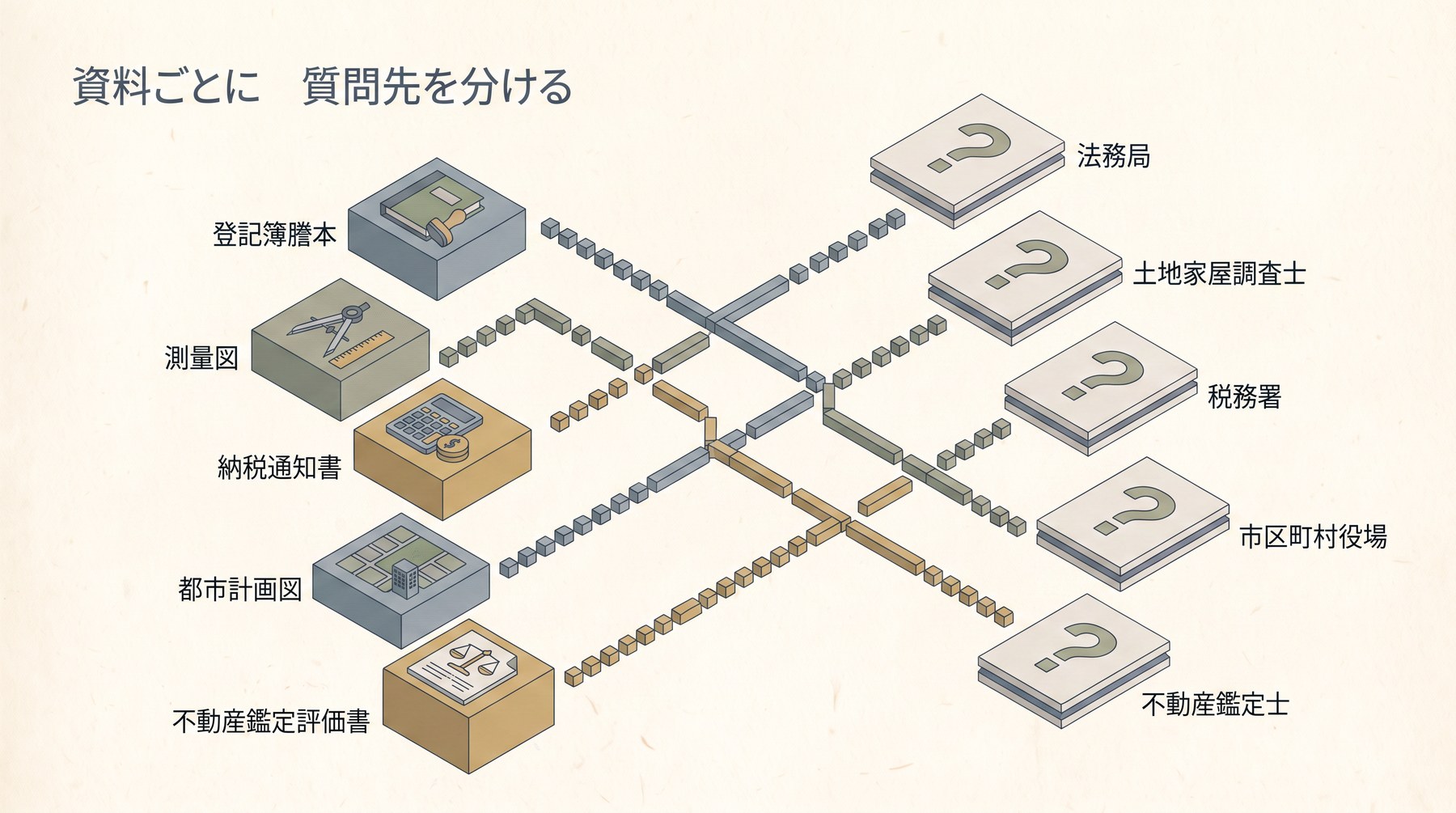 土地売却資料ごとに質問先を分ける図解