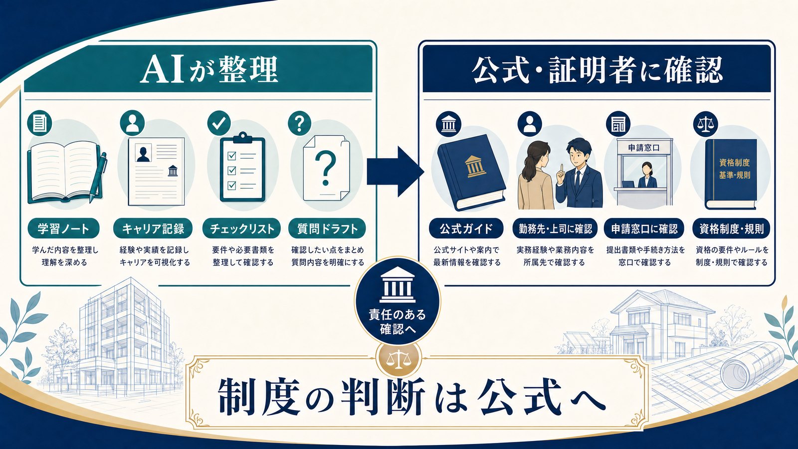 資格・キャリアでAIが整理することと公式・証明者に確認することを分ける図解
