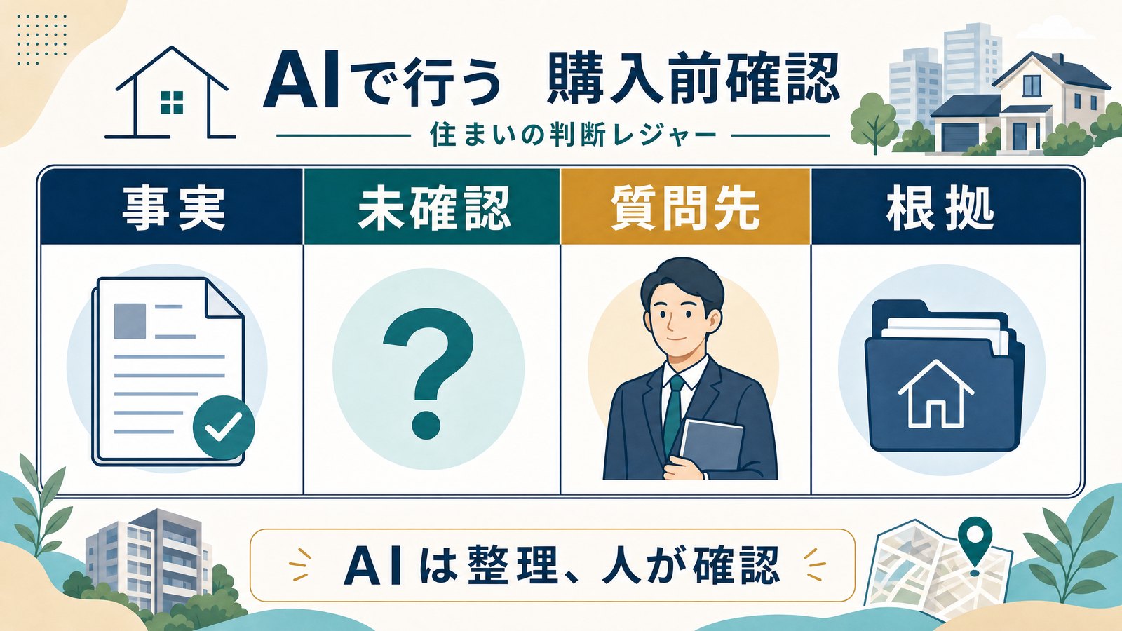 購入前確認の判断台帳で事実、未確認、質問先、根拠を分ける図解