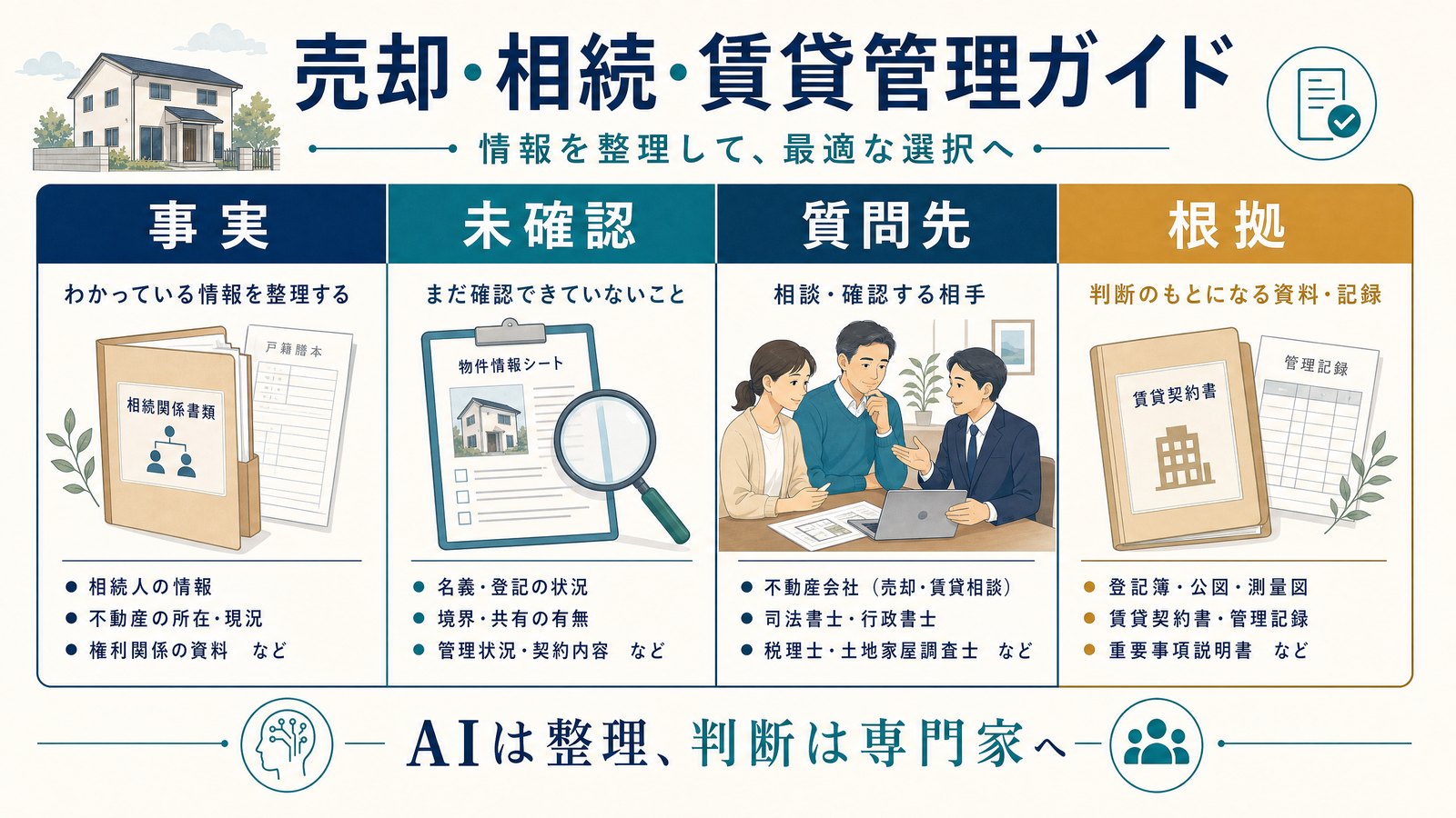 売却・相続・賃貸管理で事実、未確認、質問先、根拠を分ける判断台帳の図解