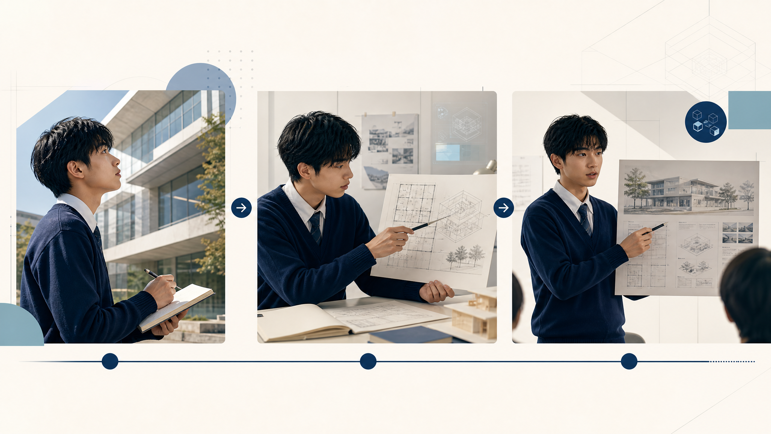 建築士を目指す高校生の90日学習ロードマップを示す図解
