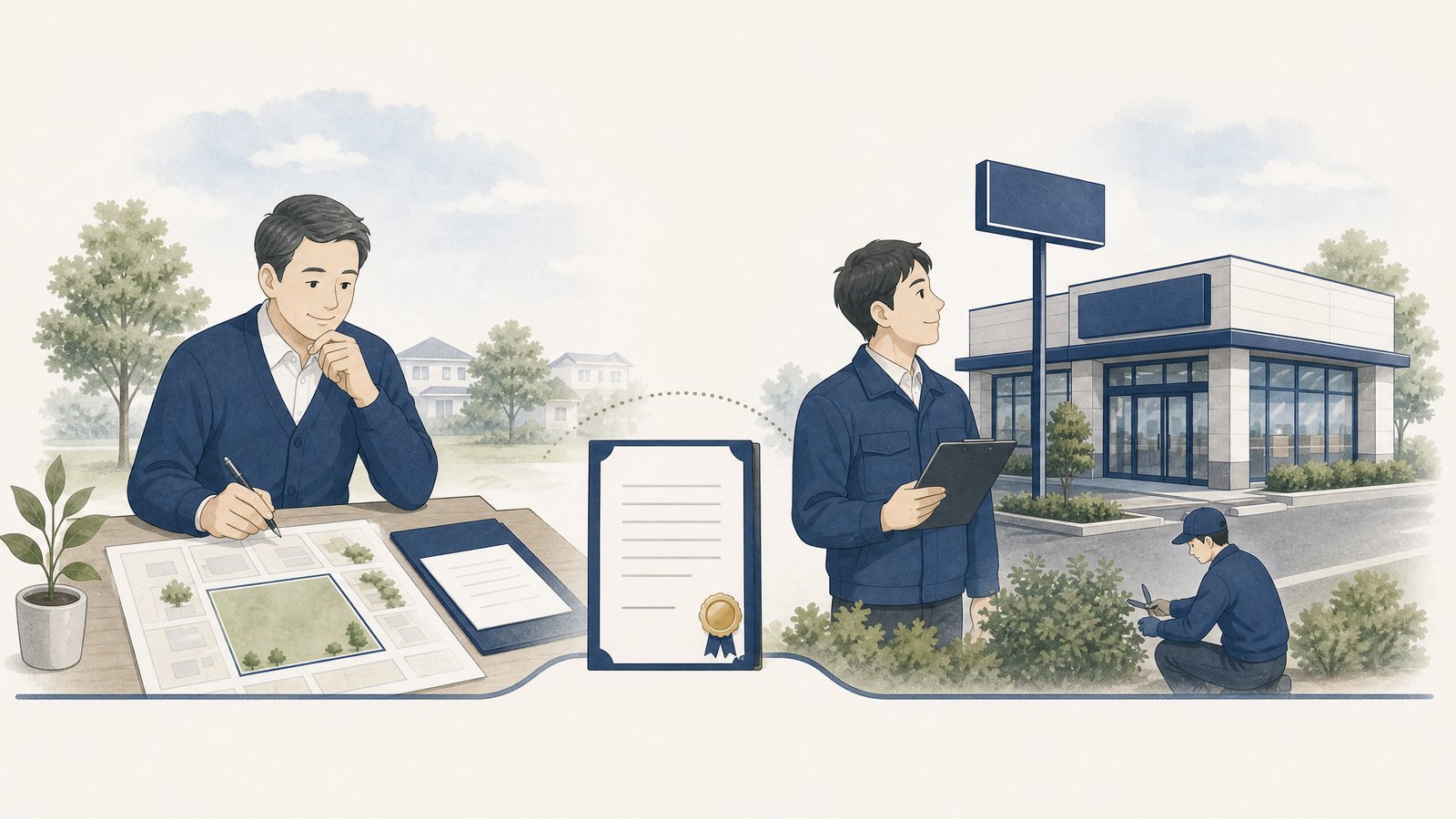 土地所有者が契約書を確認し、借地人が店舗建物を管理する役割分担のイメージ