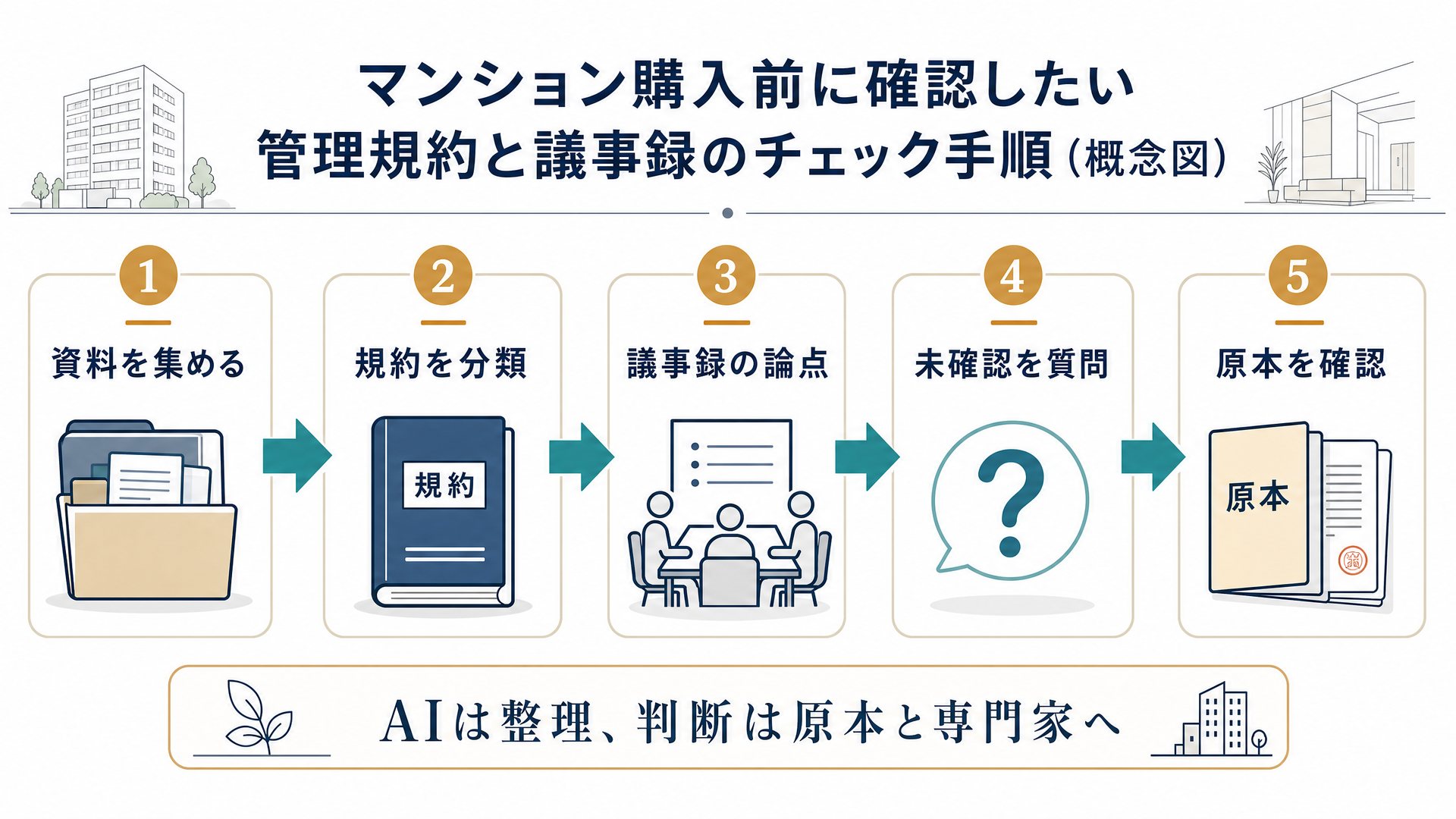 管理規約・総会議事録を資料分類から確認質問へ変える実務フロー図