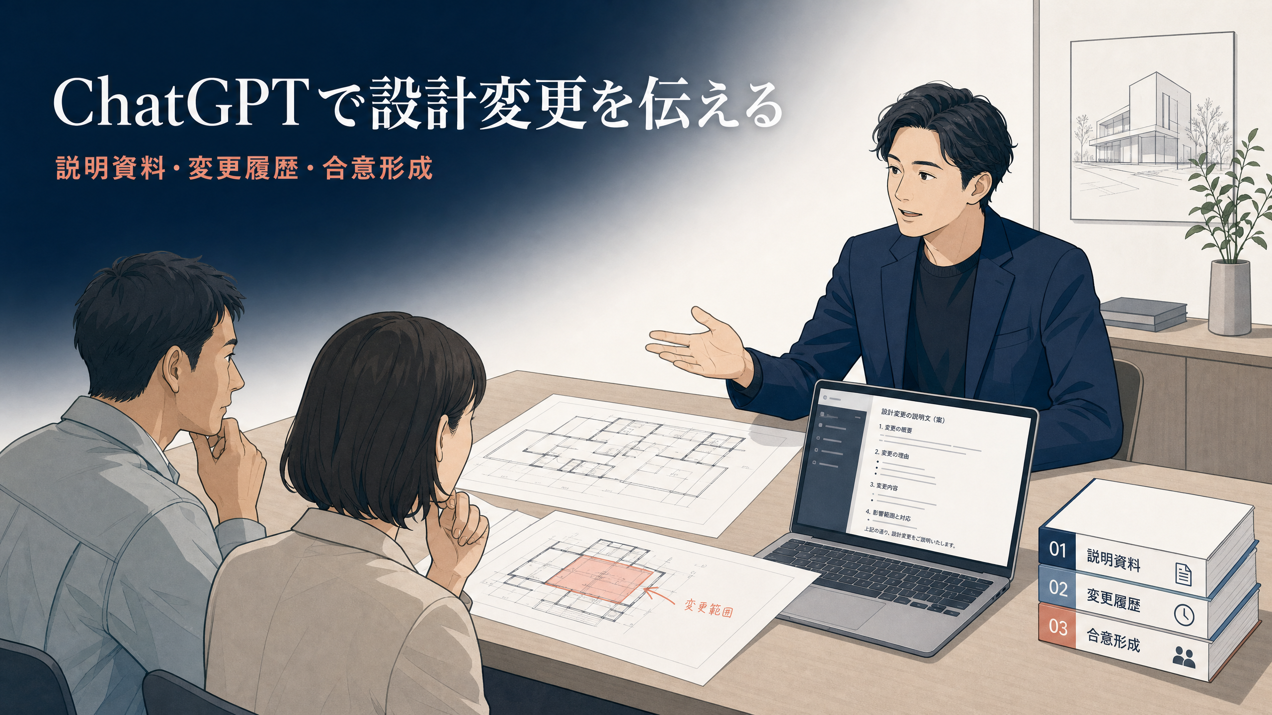 設計変更を施主・施工者へ説明する建築士とChatGPTを使った説明資料のイメージ