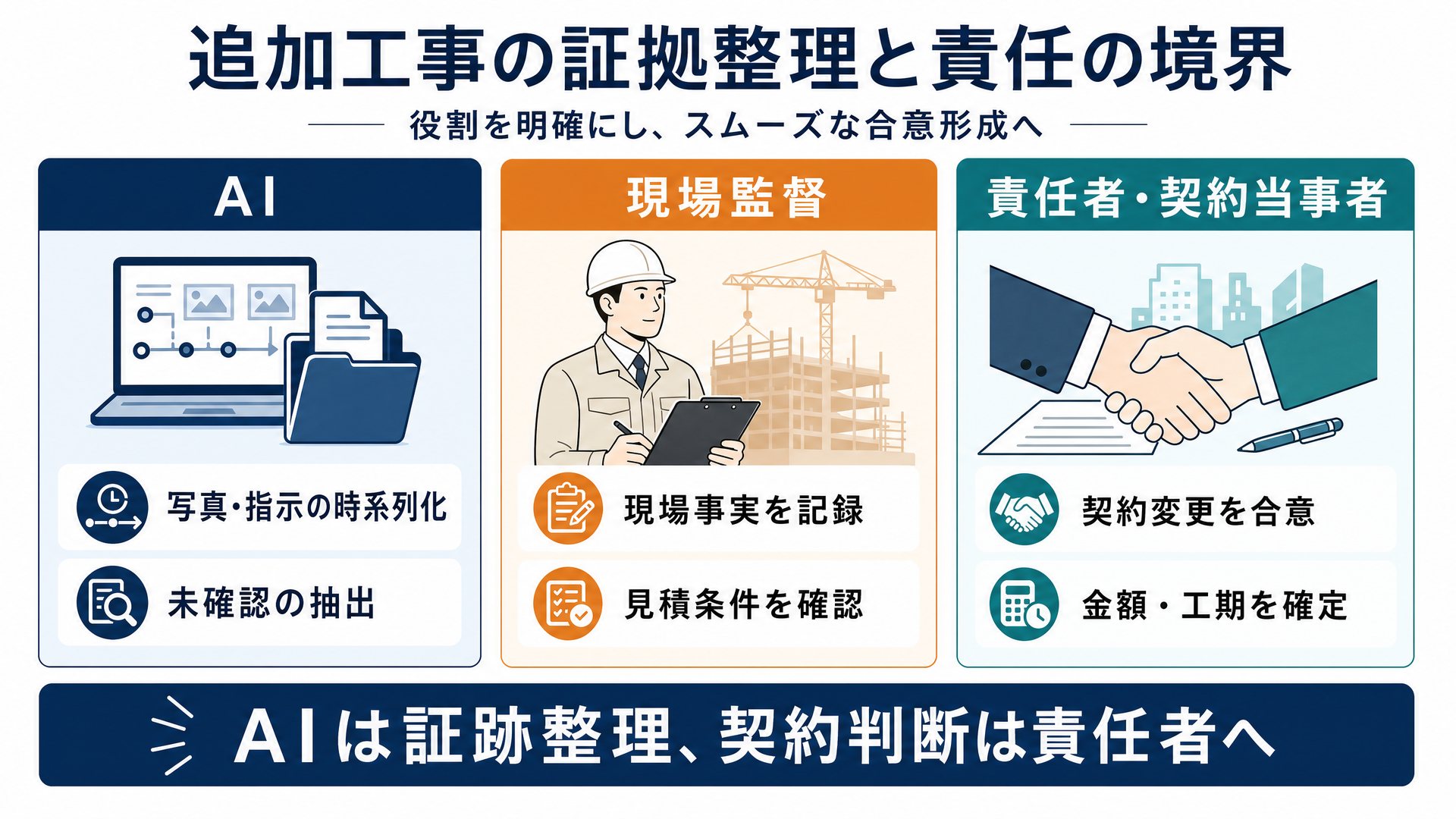 追加工事におけるClaude、現場監督、設計者、専門家の責任境界図