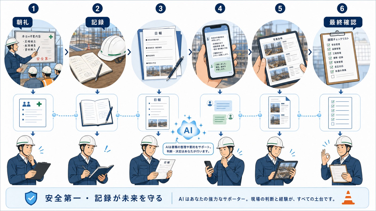 現場監督の一日におけるClaude活用フローを示す図