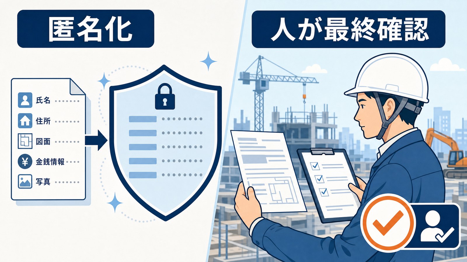 建設業で生成AIを使う際の情報管理と人による最終確認を示すイラスト