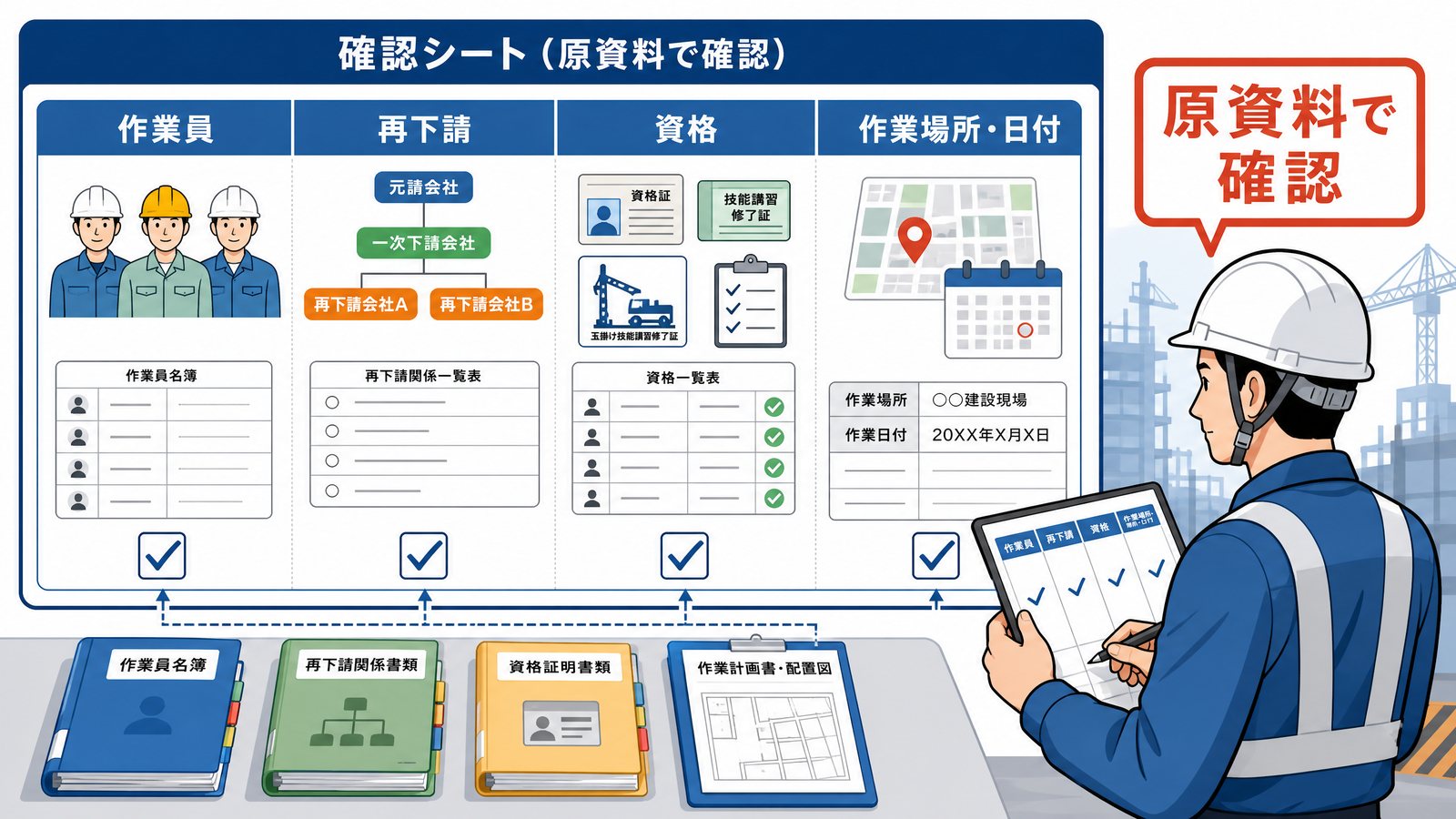 提出前確認のチェックボードに「最新版」「現場実態」「指定様式」「添付証憑」「承認者」と表示された、現場監督向けの日本語インフォグラフィック。AIは補助、人が最終確認する構図、横長16:9。