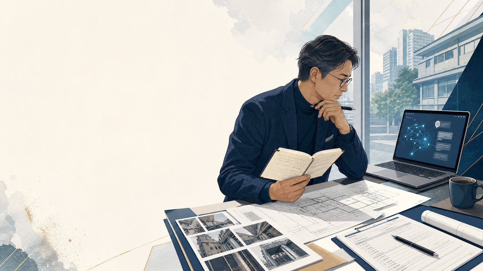 建築物定期調査の全体像とGeminiの担当範囲を示す図解です。