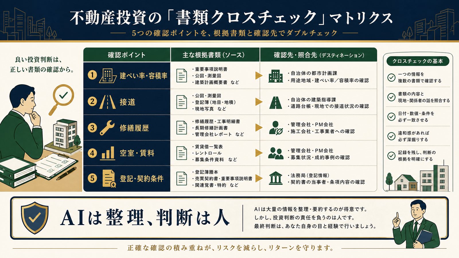 現地で一級建築士と宅建士が、道路・境界・外壁・修繕資料をチェックする、信頼感のあるモダンな日本語イラスト。