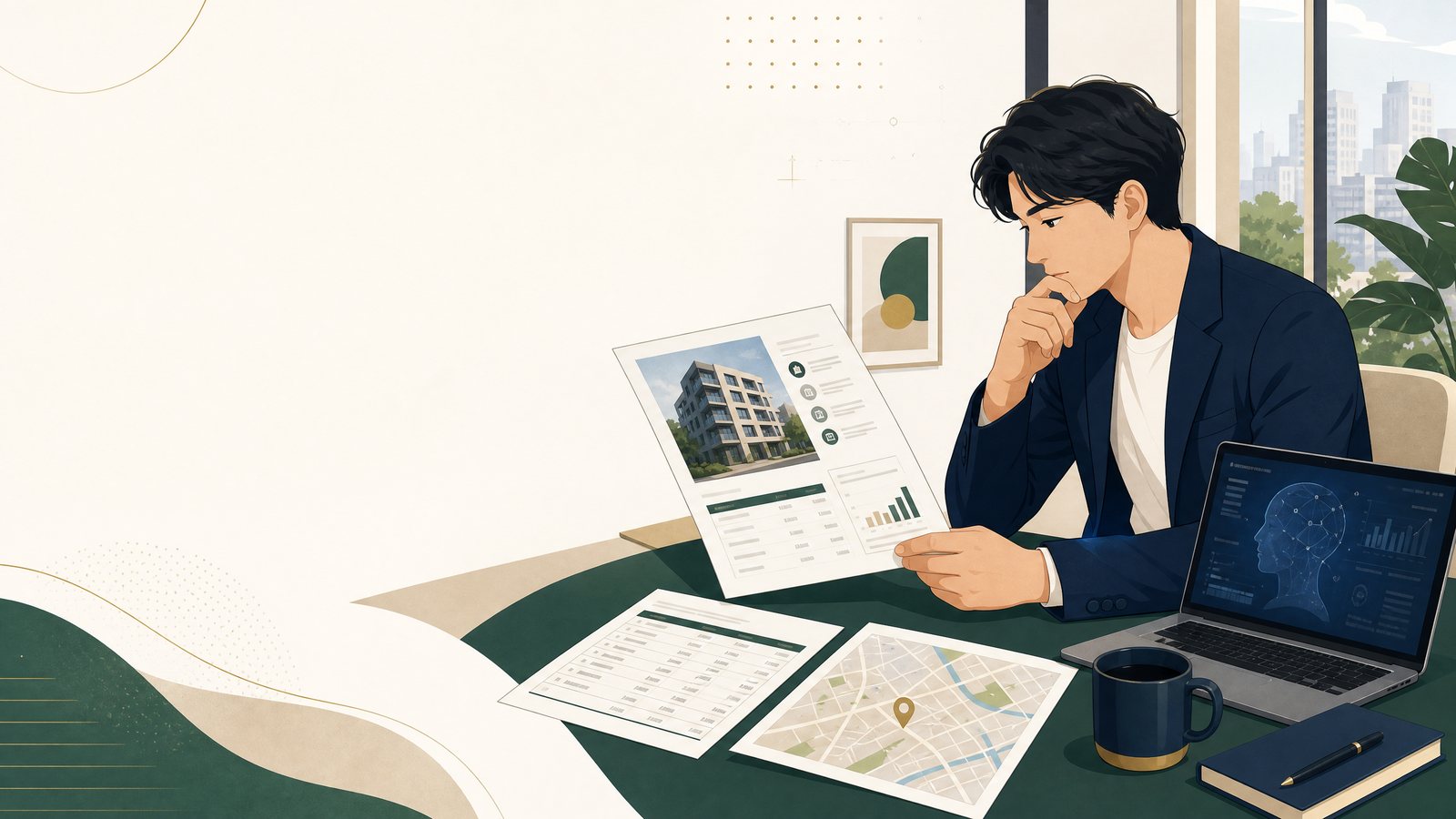 机上に置かれた物件概要書、レントロール、登記簿、定規を俯瞰した、築古アパート調査のモダンな日本語イラスト。