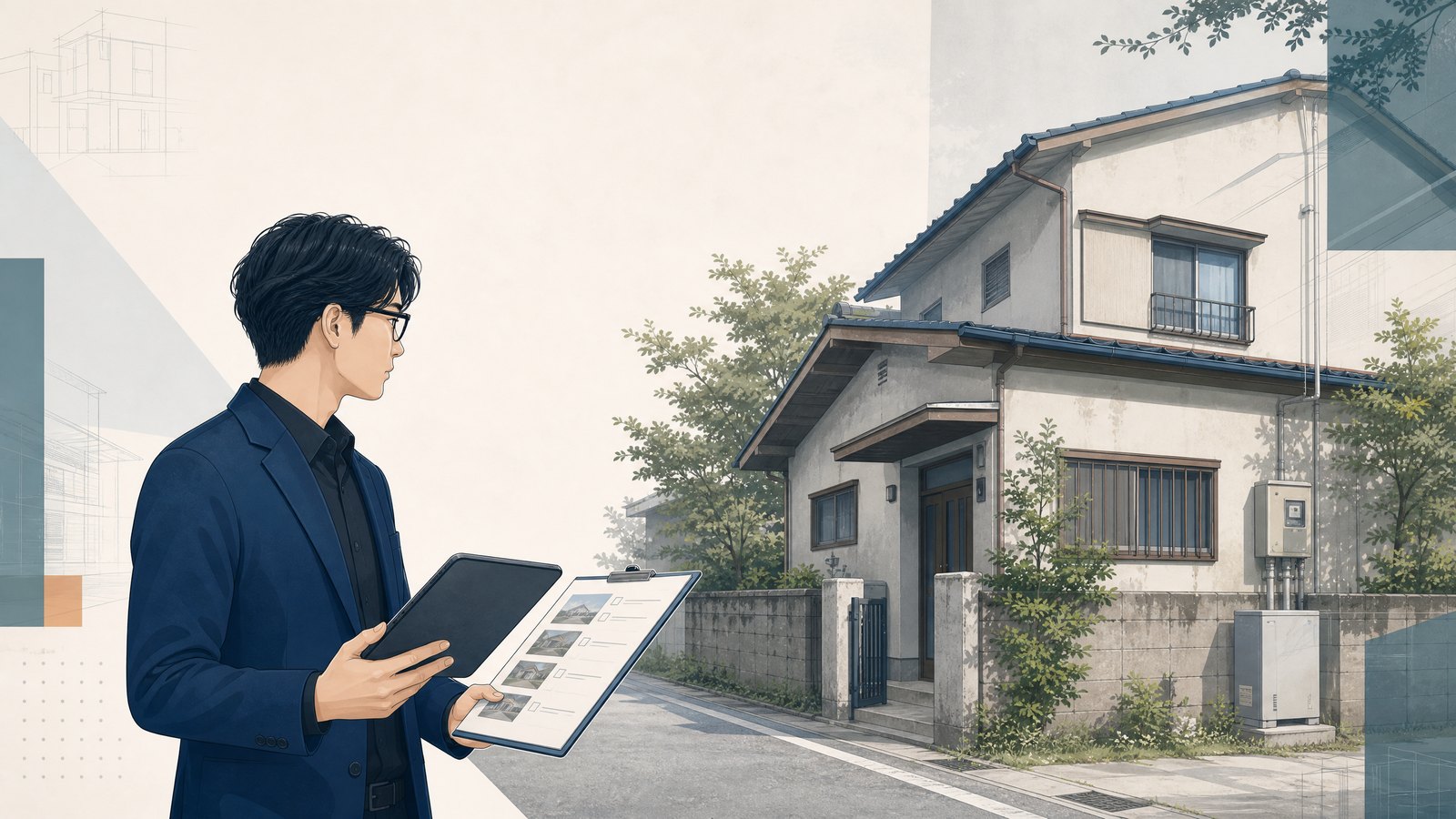 空き家の現地調査メモを、観察事実と専門家への確認事項に分けて整理するイメージ