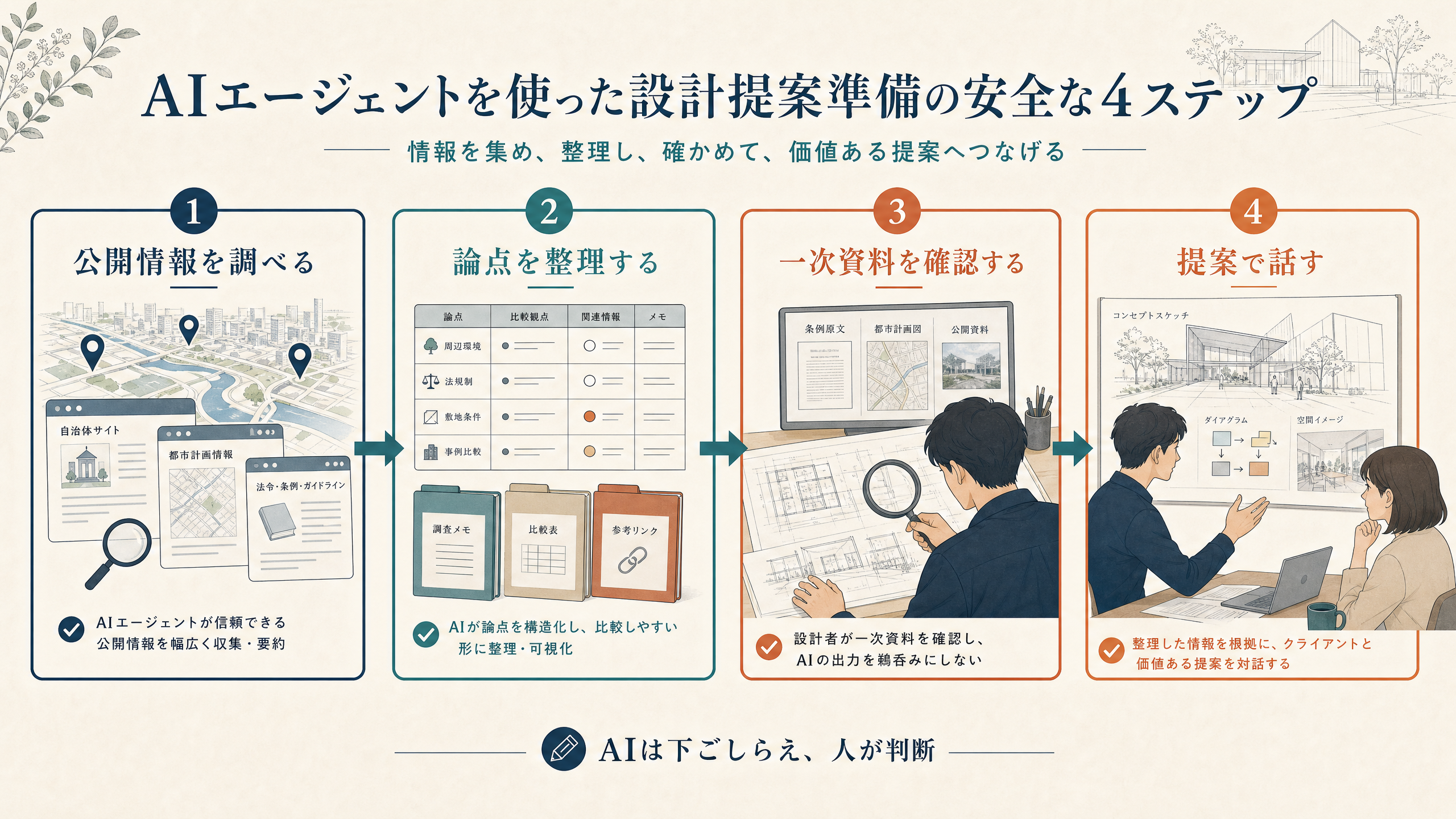 Manusで建築企画の公開情報を調査し、人が一次資料と現地条件を確認して提案へつなげる流れ