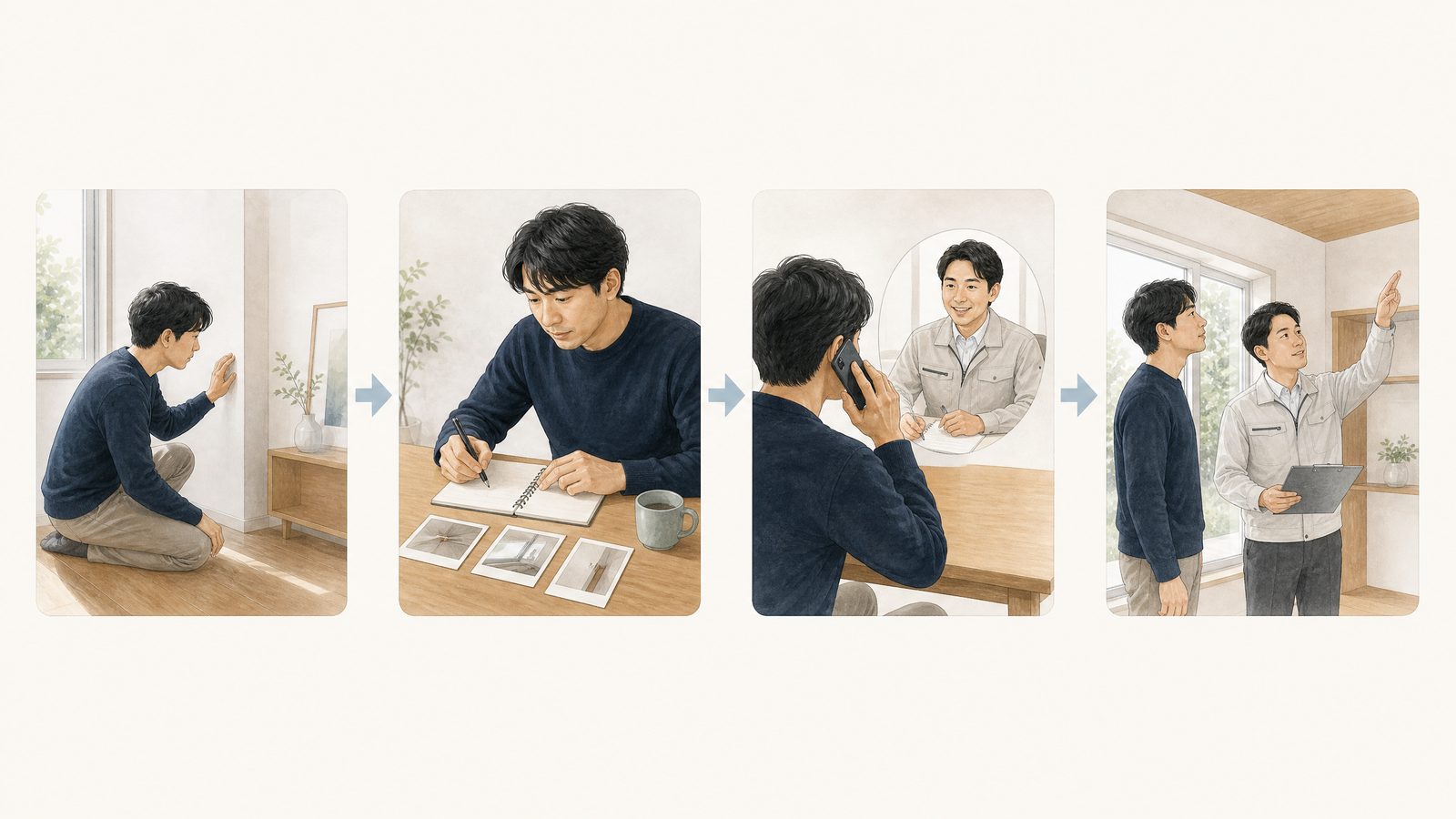 新築の気になる箇所を記録し、施工会社へ連絡して現地確認へ進む流れの図解