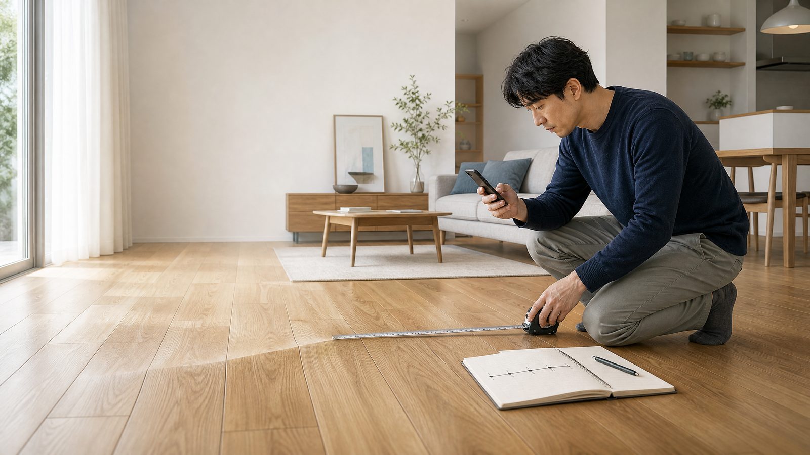 新築の気になる箇所を写真と時系列で記録する住宅所有者のイラスト