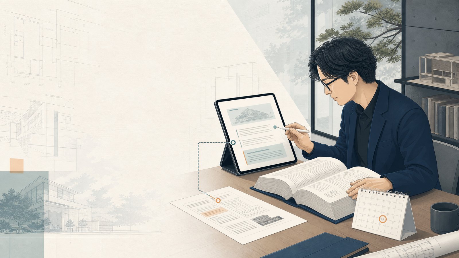 Perplexityで建築基準法改正を調べ、公式資料へ戻る設計事務所の実務イメージ