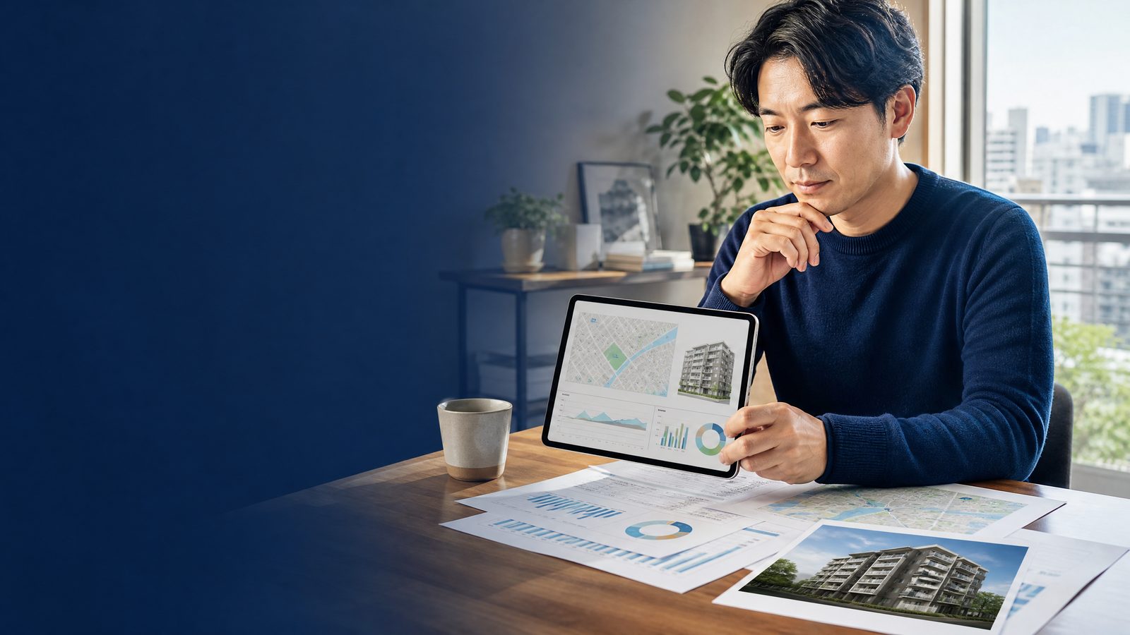 マンション所有者がAI査定額と過去の取引情報を比較しているイラスト