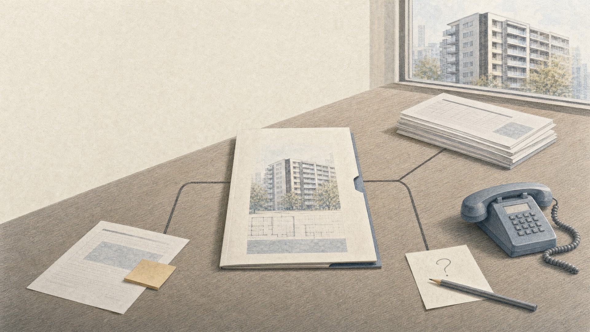 中古マンション購入前に資料を確認して進めるか保留するかを考えるイメージ